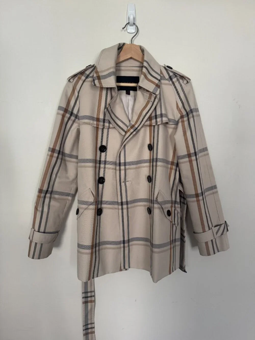 Coach New York tattersall beige plaid trench coat work business light academia